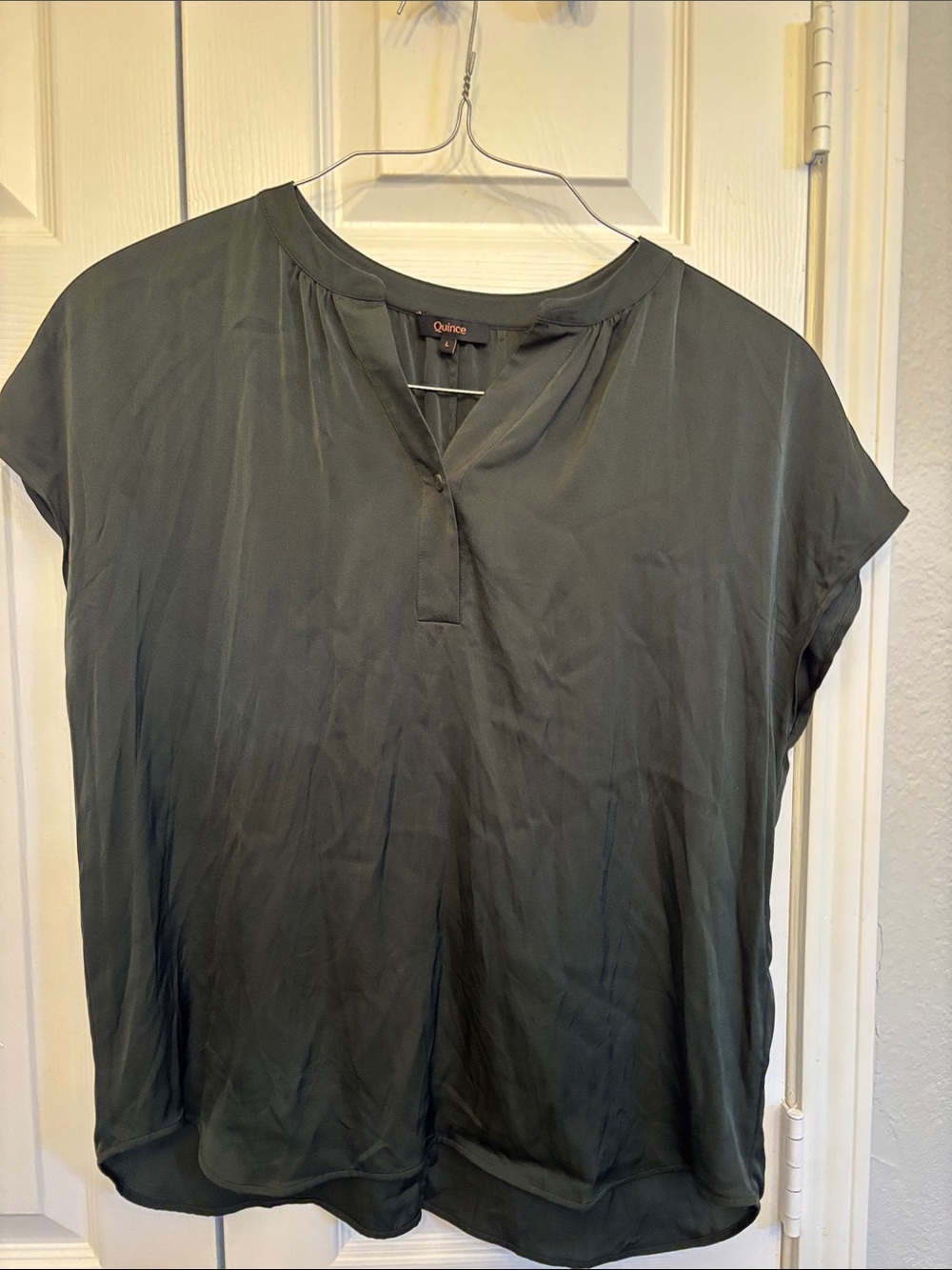 Quince Olive Short Sleeve V-Neck Blouse